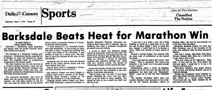 Rick Reilly - Boulder Daily Camera - Barksdale Beats Heat for Marathon Win - 5.7.1979
